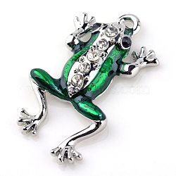 Alloy Enamel Pendants, with Rhinestones, Frog, Platinum, 34x20x6mm, Hole: 2.5mm(ALRI-S162-103P)