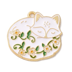 Alloy Enamel Pendants, Golden, Cat with Flower Charm, White, 24.5x25x1mm, Hole: 1.6mm(ENAM-147-04B-G)