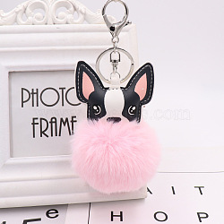 Imitation Rabbit Fur Furry Pom-Pom Keychain for Women, with Pu Leather Dog Pendant Keychain, Pink, 16x8cm(PW-WG97950-05)