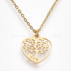 201 Stainless Steel Pendant Necklaces, with Cable Chains and Lobster Claw Clasps, Heart with Tree, Golden, 15.7 inches(40cm); 1.5mm; Pendant: 16x15~15.5x1mm(NJEW-T009-JN148-40-2)