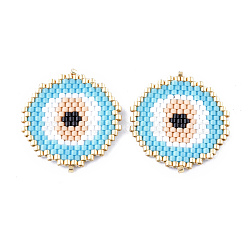 Handmade Seed Beads Links Connectors, with Elastic Thread, Loom Pattern, Flat Round with Evil Eye, Sky Blue, 28x25.5x1.5~2mm, Hole: 0.7mm(SEED-I012-18)