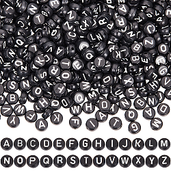 SUNNYCLUE 1040Pcs 26 Styles Opaque Acrylic Beads, Horizontal Hole, Mixed Letters, Flat Round, Black, Letter A~Z, 7x4mm, Hole: 1.5mm, 26 styles, 40pcs/style, 1040pcs(SACR-SC0001-31)