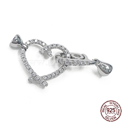 Rhodium Plated 925 Sterling Silver Micro Pave Clear Cubic Zirconia Fold Over Clasps, Heart, Real Platinum Plated, 34.5mm, Hole: 2mm and 3.5mm(STER-P054-03P)