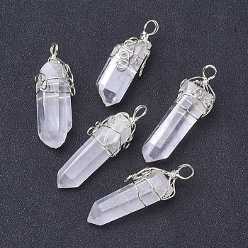 Natural Quartz Crystal Double Terminated Pointed Big Pendants, with Silver Tone Brass Findings, Bullet, 49~57x10~13mm, Hole: 5x6mm
