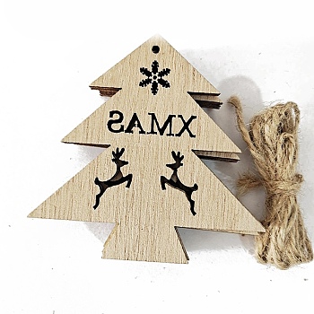 Unfinished Wood Pendant Decorations, with Hemp Rope, for Christmas Ornaments, Christmas Tree, 7.2x7.2cm, 10pcs/bag