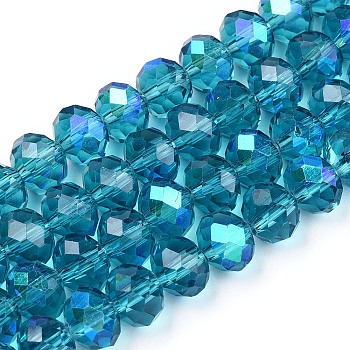 Electroplate Glass Beads Strands, Half Rainbow Plated, Faceted, Rondelle, Steel Blue, 8x6mm, Hole: 1mm, about 63~65pcs/strand, 39~40cm