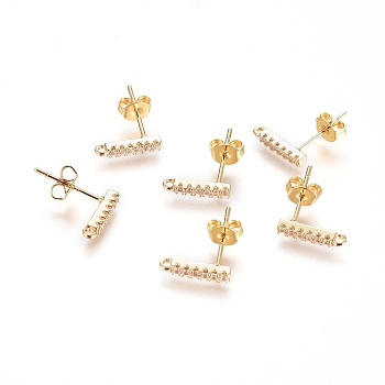 Brass Micro Pave Cubic Zirconia Stud Earring Finding, Long-Lasting Plated, Strip, with Loop and Ear Nuts, Clear, Real 18K Gold Plated, 11x1.5x2mm, Hole: 1mm, Pin: 0.7mm