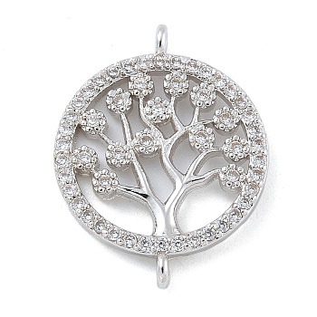 Rack Plating Brass Clear Cubic Zirconia Flat Round with Tree Connector Charms, Long-Lasting Plated, Cadmium Free & Lead Free, Platinum, 19x15x2.5mm, Hole: 1.2mm