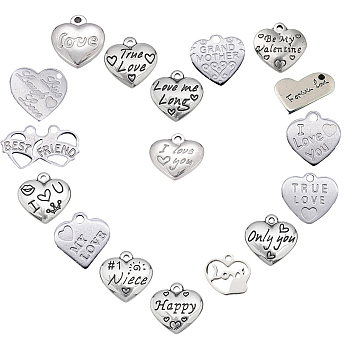 17Pcs Heart with Word 316 Surgical Stainless Steel Pendants, For Mother's Day Jewelry Making, Stainless Steel Color, 1pc/style