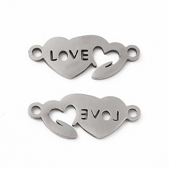 201 Stainless Steel Connector Charms, Double Heart Links with Love, Stainless Steel Color, 7.5x18x1mm, Hole: 1.4mm