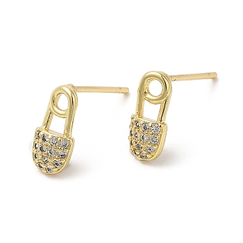 Rack Plating Brass Safety Pin Stud Earrings with Cubic Zirconia, Lead Free & Cadmium Free, Real 18K Gold Plated, 10x5mm