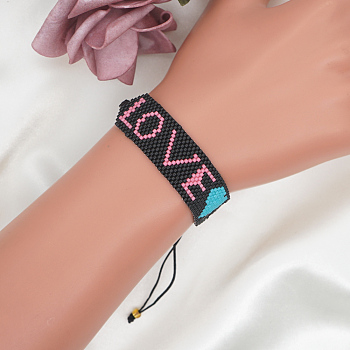 Miyuki Seed Braided Bead Bracelet, Word Love Heart Friendship Bracelet for Women, Black, 11 inch(28cm)