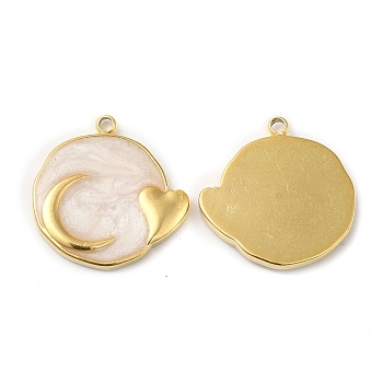Real 18K Gold Plated 304 Stainless Steel Pendants, with Enamel, Flat Round with Moon & Heart Charm, Cornsilk, 17.5x17x2mm, Hole: 1.4mm