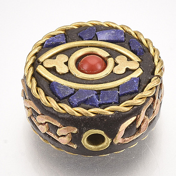 Handmade Indonesia Beads, with Brass Findings, Flat Round with Eye, Golden, Slate Blue, 19.5x19x7mm, Hole: 2mm