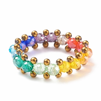 Glass Braided Bead Finger Ring for Women, Colorful, US Size 7 3/4(17.9mm)