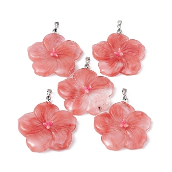 Watermelon Stone Glass Big Pendants, Peach Blossom Charms, with Platinum Plated Alloy Snap on Bails, 57x48x9mm, Hole: 6x4mm