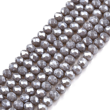 Electroplate Glass Beads Strands, Pearl Luster Plated, Faceted, Rondelle, Dark Gray, 2.9~3.3x2mm, Hole: 0.8mm, about 148~150pcs/strand, 39.5~40cm