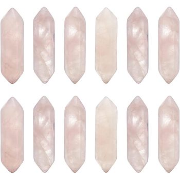 Faceted Natural Rose Quartz Double Terminated Point Beads, Healing Stones, Reiki Energy Balancing Meditation Therapy Wand, for Wire Wrapped Pendants Making, No Hole/Undrilled, 30~32x9x9mm, 12pcs/box