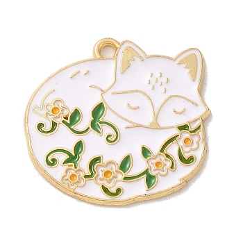 Alloy Enamel Pendants, Golden, Cat with Flower Charm, White, 24.5x25x1mm, Hole: 1.6mm