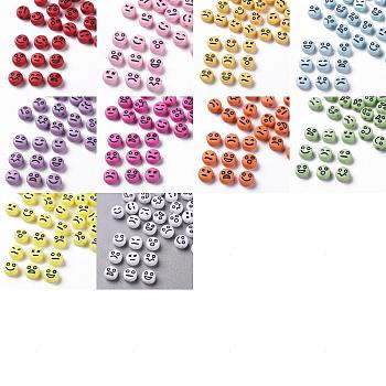 200Pcs 10 Colors Opaque Acrylic Beads, Flat Round with Black Random Expression, Mixed Color, 7x4mm, Hole: 1.6mm, 20pcs/color
