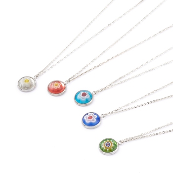 Handmade Millefiori Glass Pendant Necklaces, with Brass Cable Chains, Flower, Platinum, Mixed Color, 18.70 inch(47.5cm)