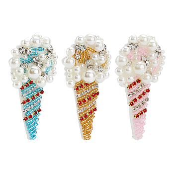 3Pcs 3 Colors Ice Cream Pattern Felt Ornament Accessories, Rhinestone & Plastic Imitation Pearl Beads Beading Appliques, Mixed Color, 70x38x11mm, 1pc/color