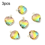 3Pcs K9 Glass Pendants, Imitation Tourmaline, with Golden Tone Brass Findings, Faceted, Heart, Colorful, 20x16.5x8mm, Hole: 2mm(GLAA-YW0004-39A)