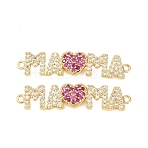 Mother's Day Brass Micro Pave Clear and Magenta Cubic Zirconia Connector Charm, Word Mama Charms, Long-Lasting Plated, Rack Plating, Lead Free & Cadmium Free, Heart, 8x35x3.5mm, Hole: 1.4mm(KK-F931-27A-G)