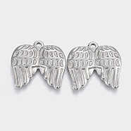 304 Stainless Steel Pendants, Wing, Stainless Steel Color, 22.5x24x3mm, Hole: 2.5mm(STAS-P197-019P)