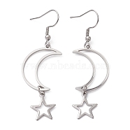 Hollow Star and Moon 304 Stainless Steel Dangle Earrings, Long Drop Earrings for Women, Stainless Steel Color, 60~62x17~17.5mm(EJEW-JE05311-02)