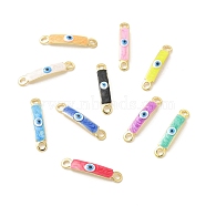 Brass Connector Charms, Curved Rectangle Links with Evil Eye Pattern, with Enamel, Real 18K Gold Plated, Long-Lasting Plated, Mixed Color, 30x5x2mm, Hole: 3mm(KK-E075-02G)