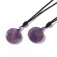 Natural Amethyst Flat Round with Flower of Life Pendant Necklace with Nylon Cord for Women, 25.59~27.95 inch(65~71cm)(NJEW-P274-02-02)