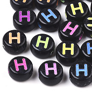 Opaque Black Acrylic Beads, Horizontal Hole, Flat Round with Mixed Color Letter, Letter.H, 7x4mm, Hole: 1.6mm, about 3600pcs/500g(MACR-N008-17H)