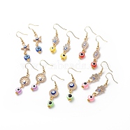 6 Pairs 6 Style Starfish & Hamsa Hand & Horse Eye & Tree of Life Crystal Rhinestone Dangle Earrings, Enamel & Resin Evil Eye Drop Earrings, Gold Plated Brass Jewelry for Women, Mixed Color, 48.5~50.5mm, Pin: 0.7mm, 1 Pair/style(EJEW-JE05011)