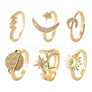 6Pcs 6 Styles Brass Micro Pave Clear Cubic Zirconia Cuff Rings, Open Rings, Long-Lasting Plated, Lightning Bolt & Star with Moon & Star & Planet & Sun, Real 18K Gold Plated, Inner Diameter: 16.5~17.5mm, 1pc/style(RJEW-LS0001-34G)
