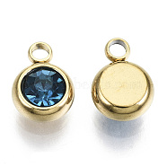 Vacuum Plating 201 Stainless Steel Rhinestone Charms, Birthstone Charms, Flat Round, Real 18K Gold Plated, Sapphire, 8.5x6x3mm, Hole: 1.5mm(STAS-S068-09G)