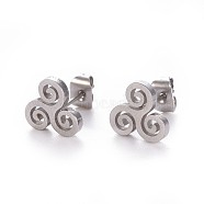 304 Stainless Steel Stud Earrings, Hypoallergenic Earrings, with Ear Nuts/Earring Back, Triskelion, Stainless Steel Color, 8.5x9mm, Pin: 0.7mm, 12pairs/card(EJEW-F227-09P)