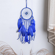 Cotton and linen Woven Net/Web with Feather Wall Hanging Decoration, Glass Evil Eye and Wooden Bead Pendant Decorations, Royal Blue, 400x130mm(EVIL-PW0002-11C)