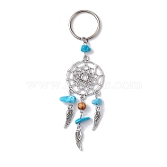 Woven Web/Net with Wing Alloy Pendant Keychain, with Synthetic Turquoise Chips and Iron Split Key Rings, 11cm(KEYC-JKC00587-02)