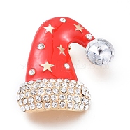 Golden Plated Alloy Brooches, with Crystal Rhinestone and Enamel, Christmas Hat, for Christmas, Red, 44.5x40.5x17.5mm, Pin: 0.8mm(JEWB-L011-003G)