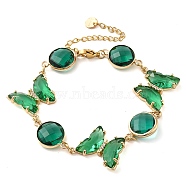 Green Glass Link Chain Bracelets, with Golden Brass Chains, Butterfly, 9-1/4 inch(23.5cm), 60mm extender(BJEW-B075-01)