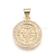 Brass Micro Pave Cubic Zirconia Pendants, Long-Lasting Plated, Lead Free & Cadmium Free & Nickel Free, Flat Round with CssmlNdsmd Cross God Father Religious Christianity, Clear, Real 18K Gold Plated, 19.5x17x1.5mm, Hole: 4x3.5mm(X-ZIRC-L078-046G-NR)