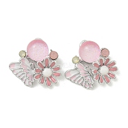 Rack Plating Alloy Enamel Pendants, with Resin & Rhinestone, Lead Free & Cadmium Free, Flower Charm, Pink, 18.5x19.5x8.5mm, Hole: 1.8mm(FIND-M033-35P-01)