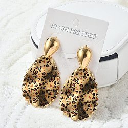 304 Stainless Steel Enamel Stud Earrings, Leopard, Real 18K Gold Plated, Teardrop, 66x35.5mm(EJEW-Z084-15G-05)