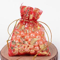 Rose Printed Organza Bags, Gift Bags, Rectangle, Red, 9x7cm(OP-R021-7x9-06)