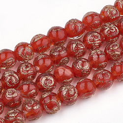 Handmade Gold Sand Lampwork Beads, Round, Red, 8~9x7~7.5mm, Hole: 1.5~2mm(LAMP-T006-05G)