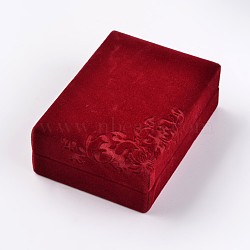 Rectangle Velvet Necklace Boxes, Jewelry Boxes, Flower Pattern, Red, 10.1x7.1x3.6cm(X-VBOX-D003-01)