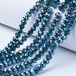 Electroplate Glass Beads Strands, Pearl Luster Plated, Faceted, Rondelle, Dark Green, 6x5mm, Hole: 1mm, about 85~88pcs/strand, 16.1~16.5 inch(41~42cm)(EGLA-A034-P6mm-A14)