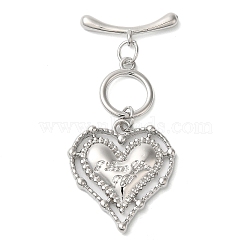 Brass Micro Pave Clear Cubic Zirconia Toggle Clasps, Heart, Platinum, 45mm, Bar: 19x7x3mm, Hole: 1.4mm; Ring: 13x11x1.5mm, Hole: 1.4mm(KK-N254-80P)