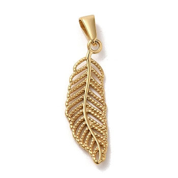 Vacuum Plating 304 Stainless Steel Pendants, Feather Charm, Golden, 33x10.5x2mm, Hole: 3x7mm